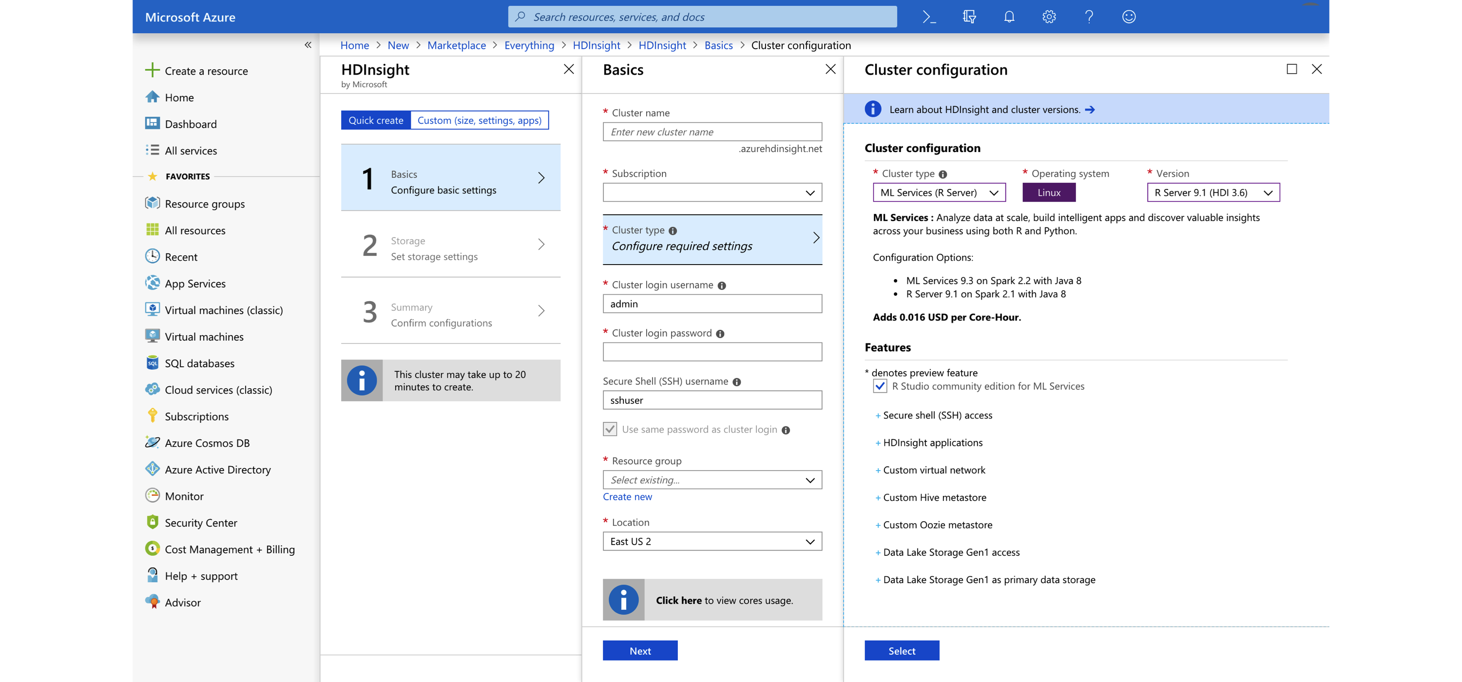 Creating an Azure HDInsight Spark cluster