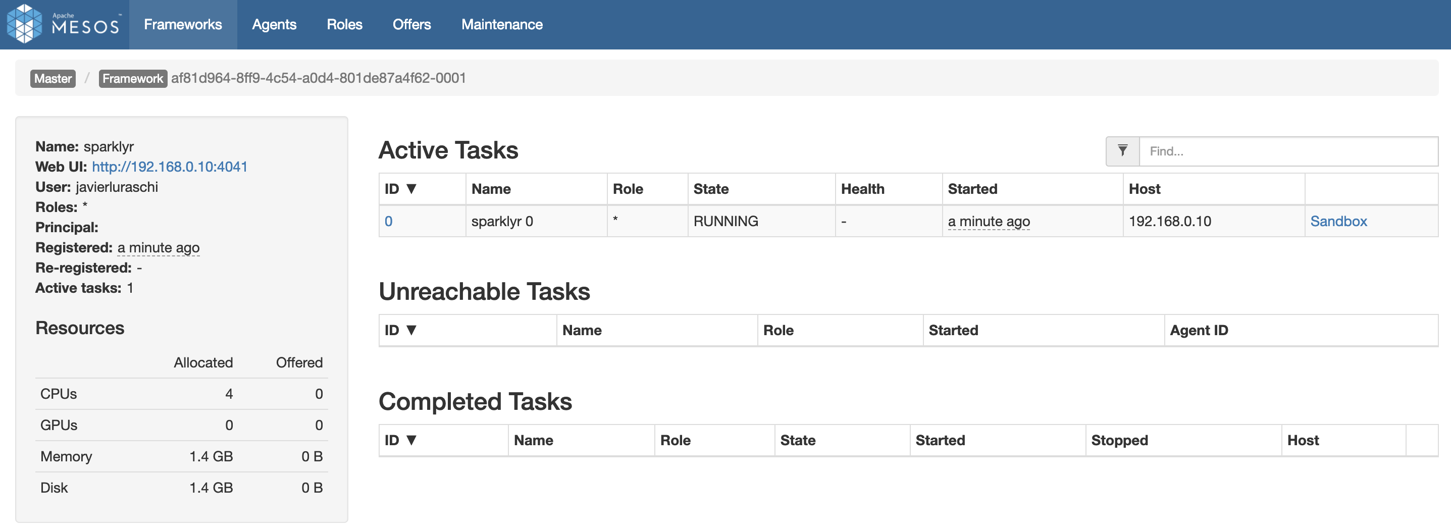 Mesos web interface running Spark and R