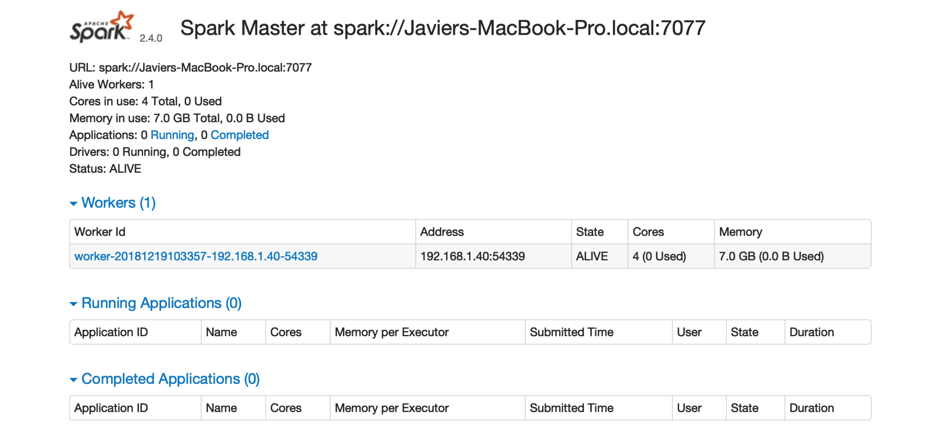 The Spark Standalone web interface