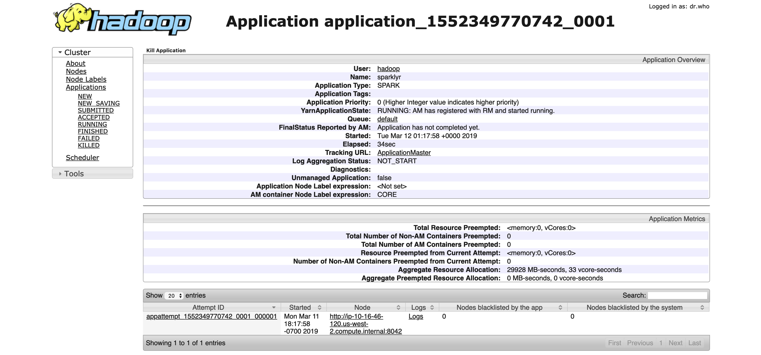 YARN’s Resource Manager running a sparklyr application