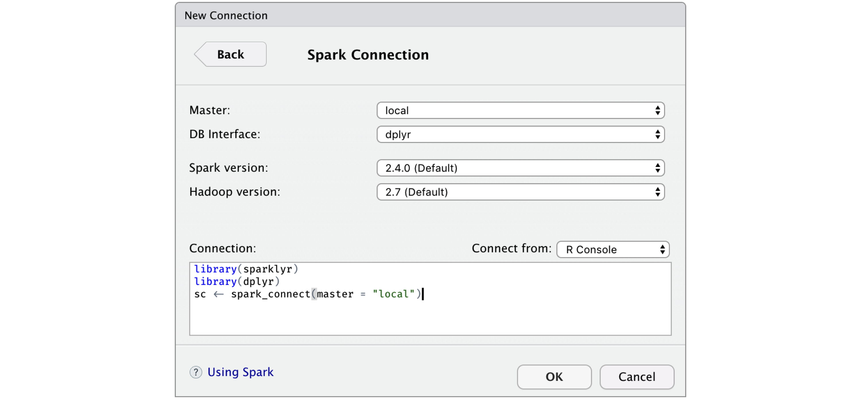 RStudio New Spark Connection dialog